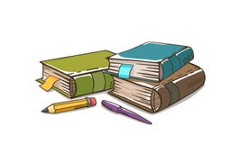 Книги дерева с ручкой и карандашем иллюстрация штока Книги дерева с ручкой и карандашем иллюстрация штока