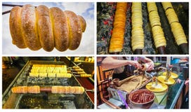 Коллаж о традиционной чехословакской еде улицы - trdelnik стоковая фотография rf Коллаж о традиционной чехословакской еде улицы - trdelnik стоковая фотография rf