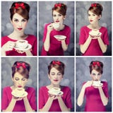 Коллаж фото - девушка redhead с кофейной чашкой. St. День Валентайн Стоковые Изображения RF Коллаж фото - девушка redhead с кофейной чашкой. St. День Валентайн Стоковые Изображения RF