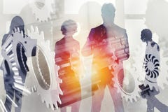 Команда дела с системой шестерней Сыгранность, партнерство и концепция интеграции двойная экспозиция стоковые фото Команда дела с системой шестерней Сыгранность, партнерство и концепция интеграции двойная экспозиция стоковые фото