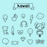 Комплект декоративных doodles kawaii элементов дизайна иллюстрация вектора Комплект декоративных doodles kawaii элементов дизайна иллюстрация вектора
