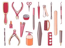 Комплект оборудования маникюра Инструмент nailfile, клиперы собрания различный, ножницы иллюстрация нарисованная рукой красочная Стоковое фото RF Комплект оборудования маникюра Инструмент nailfile, клиперы собрания различный, ножницы иллюстрация нарисованная рукой красочная Стоковое фото RF