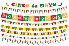 Комплект торжества Cinco de Mayo покрашенных флагов, гирлянд, bunting Плоский стиль, на белой предпосылке вектор бесплатная иллюстрация Комплект торжества Cinco de Mayo покрашенных флагов, гирлянд, bunting Плоский стиль, на белой предпосылке вектор бесплатная иллюстрация