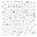Комплект вектора случайных doodles с облаками, радугами, губами, котами, кактусом, заводами иллюстрация штока Комплект вектора случайных doodles с облаками, радугами, губами, котами, кактусом, заводами иллюстрация штока