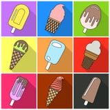 Комплект мороженого 9 на деревянной ручке и в рожке waffle в плоском стиле с тенью иллюстрация штока Комплект мороженого 9 на деревянной ручке и в рожке waffle в плоском стиле с тенью иллюстрация штока