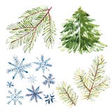 Комплект снежинок акварели, деревьев xmas изолированных на белизне Символ зимнего отдыха рождества в стиле акварели Стоковые Фото Комплект снежинок акварели, деревьев xmas изолированных на белизне Символ зимнего отдыха рождества в стиле акварели Стоковые Фото