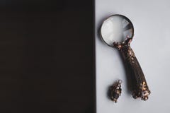 Конец-вверх Loupe, винтажный увеличитель handmade на темной предпосылке деревянного стола, концепции поиска, исследования, частно стоковые изображения rf Конец-вверх Loupe, винтажный увеличитель handmade на темной предпосылке деревянного стола, концепции поиска, исследования, частно стоковые изображения rf