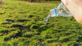Конец-вверх воды пропуская из пластиковой бутылки, на предпосылке зеленой травы Замедленное движение 1000FPS акции видеоматериалы Конец-вверх воды пропуская из пластиковой бутылки, на предпосылке зеленой травы Замедленное движение 1000FPS акции видеоматериалы