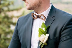 Конец-вверх подбородка бородатого стильного groom Исправить бабочку с петлицей в рамке стоковая фотография Конец-вверх подбородка бородатого стильного groom Исправить бабочку с петлицей в рамке стоковая фотография