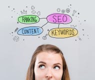 Концепция SEO с молодой женщиной стоковые фотографии rf Концепция SEO с молодой женщиной стоковые фотографии rf