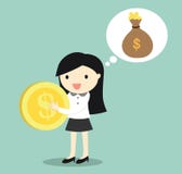 Концепция дела, бизнес-леди думает о деньгах/вкладе заработка иллюстрация штока Концепция дела, бизнес-леди думает о деньгах/вкладе заработка иллюстрация штока