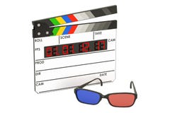 концепция кино 3D, стекла 3D и цифровой нумератор с хлопушкой кино, 3 иллюстрация вектора концепция кино 3D, стекла 3D и цифровой нумератор с хлопушкой кино, 3 иллюстрация вектора