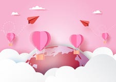 Концепция любов с красным самолетом пар и розовыми горячими воздушными шарами плавая на облака, мир и розовый стиль искусства бум иллюстрация вектора Концепция любов с красным самолетом пар и розовыми горячими воздушными шарами плавая на облака, мир и розовый стиль искусства бум иллюстрация вектора