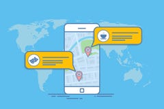 Концепция передвижных карты или навигатора Всплывающее диалоговое окно с описанием объекта на карте Тонкая линия вектор иллюстрация штока Концепция передвижных карты или навигатора Всплывающее диалоговое окно с описанием объекта на карте Тонкая линия вектор иллюстрация штока