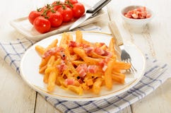 Копченые кубы бекона и золотые коричневые фраи француза с расплавленным che Стоковые Изображения RF Копченые кубы бекона и золотые коричневые фраи француза с расплавленным che Стоковые Изображения RF