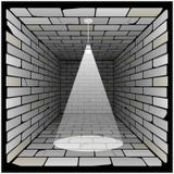 Коробка кирпича в перспективе комната 3d с электрической лампочкой на потолке и освещении иллюстрация вектора Коробка кирпича в перспективе комната 3d с электрической лампочкой на потолке и освещении иллюстрация вектора