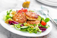 Котлеты и салат свежего овоща на белой плите Зажаренные фрикадельки с vegetable салатом Стоковое Изображение RF Котлеты и салат свежего овоща на белой плите Зажаренные фрикадельки с vegetable салатом Стоковое Изображение RF