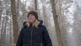 Красивая женщина девушки идет через лес, смотрит вокруг стоковое изображение rf Красивая женщина девушки идет через лес, смотрит вокруг стоковое изображение rf