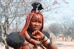 Красивая маленькая девочка himba с национальными стилем причесок, кольцами, ожерельем и браслетами на традиционной предпосылке де стоковая фотография rf Красивая маленькая девочка himba с национальными стилем причесок, кольцами, ожерельем и браслетами на традиционной предпосылке де стоковая фотография rf