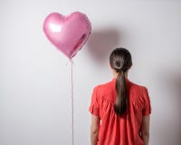 Красивая молодая женщина с воздушным шаром сердца форменным на яркой предпосылке Принципиальная схема дня ` s Валентайн стоковые изображения rf Красивая молодая женщина с воздушным шаром сердца форменным на яркой предпосылке Принципиальная схема дня ` s Валентайн стоковые изображения rf