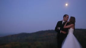 Красивые молодые пары, очаровательная невеста постная к плечу симпатичного groom Целовать пар новобрачных внешний в парке вечера сток-видео Красивые молодые пары, очаровательная невеста постная к плечу симпатичного groom Целовать пар новобрачных внешний в парке вечера сток-видео