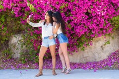 Красивые счастливые молодые женщины делают selfie на красочной естественной предпосылке ярких розовых цветков стоковое изображение Красивые счастливые молодые женщины делают selfie на красочной естественной предпосылке ярких розовых цветков стоковое изображение