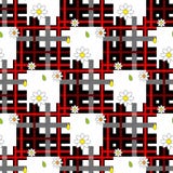 Красная картина цветков шотландки и маргаритки тартана на checkered предпосылке для ткани иллюстрация штока Красная картина цветков шотландки и маргаритки тартана на checkered предпосылке для ткани иллюстрация штока