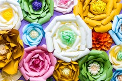 Красочные бумажные цветки на стене Handmade искусственное флористическое украшение Предпосылка и текстура весны абстрактные краси стоковые изображения Красочные бумажные цветки на стене Handmade искусственное флористическое украшение Предпосылка и текстура весны абстрактные краси стоковые изображения