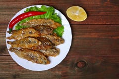 Крупного плана плиты с испанскими камсами fritos boquerones, поколоченных и зажаренных типичными в Испании, на деревенском деревя стоковые изображения rf Крупного плана плиты с испанскими камсами fritos boquerones, поколоченных и зажаренных типичными в Испании, на деревенском деревя стоковые изображения rf