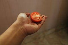 Кусок владения томата вручную стоковое изображение rf Кусок владения томата вручную стоковое изображение rf