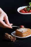 Кусок политого торта меда, кашевара украшенного с клубниками, мяты, ручек циннамона, варенья клубники, конца вверх, место для тек стоковое изображение Кусок политого торта меда, кашевара украшенного с клубниками, мяты, ручек циннамона, варенья клубники, конца вверх, место для тек стоковое изображение