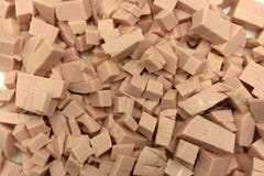 Куча прерванной сосиски ветчины изолированной на белой предпосылке, взгляд сверху стоковая фотография Куча прерванной сосиски ветчины изолированной на белой предпосылке, взгляд сверху стоковая фотография