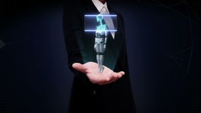 Ладонь коммерсантки открытая, просматривая вращая тело робота 3D, человеческая косточка Ладонь коммерсантки открытая, просматривая вращая тело робота 3D, человеческая косточка