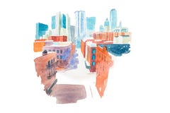 Ландшафт города Aquarelle современный с домами и иллюстрацией акварели зданий иллюстрация вектора Ландшафт города Aquarelle современный с домами и иллюстрацией акварели зданий иллюстрация вектора