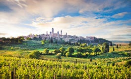 Ландшафт Тосканы с городом San Gimignano на заходе солнца, Италии стоковое изображение rf Ландшафт Тосканы с городом San Gimignano на заходе солнца, Италии стоковое изображение rf