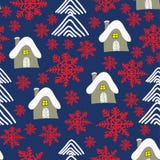 Ландшафт зимы с коттеджем, красными sowflakes и рождественскими елками звезды абстрактной картины конструкции украшения рождества иллюстрация вектора Ландшафт зимы с коттеджем, красными sowflakes и рождественскими елками звезды абстрактной картины конструкции украшения рождества иллюстрация вектора