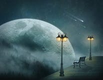 Ландшафт фантазии на ноче с большой луной иллюстрация вектора Ландшафт фантазии на ноче с большой луной иллюстрация вектора