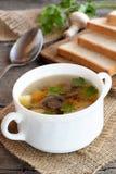 Легкий суп гриба с овощами Прерванный хлеб на разделочной доске кухни, ложка, петрушка, свежие champignons на деревянном столе Стоковая Фотография Легкий суп гриба с овощами Прерванный хлеб на разделочной доске кухни, ложка, петрушка, свежие champignons на деревянном столе Стоковая Фотография