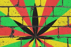 Лист конопли показанные на кирпиче покрасили стену в стиле rasta Чертеж брызг искусства улицы граффити на восковке бесплатная иллюстрация Лист конопли показанные на кирпиче покрасили стену в стиле rasta Чертеж брызг искусства улицы граффити на восковке бесплатная иллюстрация