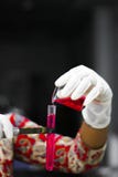Лить красную жидкость от стеклянного beaker к пробирке с gloved рукой в химической лаборатории стоковое изображение Лить красную жидкость от стеклянного beaker к пробирке с gloved рукой в химической лаборатории стоковое изображение