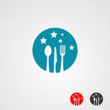 Логотип еды звезды с ножом, ложкой, и вилкой на цвете, элементе, значке, и шаблоне звезд круга голубых для компании иллюстрация штока Логотип еды звезды с ножом, ложкой, и вилкой на цвете, элементе, значке, и шаблоне звезд круга голубых для компании иллюстрация штока