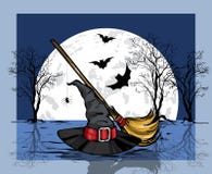 Луна и летучая мышь againts шляпы и веника волшебника большие удерживания halloween даты принципиальной схемы календара жнец мрач иллюстрация вектора Луна и летучая мышь againts шляпы и веника волшебника большие удерживания halloween даты принципиальной схемы календара жнец мрач иллюстрация вектора