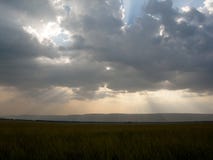 Лучи света течь через темные облака над африканскими равнинами стоковые изображения Лучи света течь через темные облака над африканскими равнинами стоковые изображения