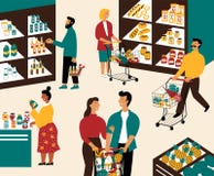 Люди и женщины покупая продукты на гастрономе Люди с корзинами на супермаркете Клиенты в розничном магазине иллюстрация штока Люди и женщины покупая продукты на гастрономе Люди с корзинами на супермаркете Клиенты в розничном магазине иллюстрация штока