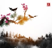 Маленькие птица, сосна и ветви и лесные деревья Сакуры в тумане Традиционное восточное sumi-e картины чернил, u-грех, идет бесплатная иллюстрация Маленькие птица, сосна и ветви и лесные деревья Сакуры в тумане Традиционное восточное sumi-e картины чернил, u-грех, идет бесплатная иллюстрация