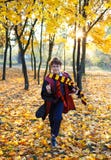 Мальчик в стеклах бежит в парке осени с листовыми золотами, держит книгу в его руках, носит в черной робе стоковые изображения Мальчик в стеклах бежит в парке осени с листовыми золотами, держит книгу в его руках, носит в черной робе стоковые изображения