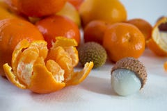 Мандарины на белой предпосылке с долькой, коркой, цитроном и litchi Взгляд со стороны, конец Reticulata цитруса chinensis litchi стоковые изображения rf Мандарины на белой предпосылке с долькой, коркой, цитроном и litchi Взгляд со стороны, конец Reticulata цитруса chinensis litchi стоковые изображения rf