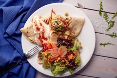 Мексиканские quesadillas с цветением сквоша, сыром и соусом и салатом овоща стоковое фото Мексиканские quesadillas с цветением сквоша, сыром и соусом и салатом овоща стоковое фото