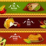 Мексиканские знамена тако, буррито и tortilla кухни иллюстрация штока Мексиканские знамена тако, буррито и tortilla кухни иллюстрация штока