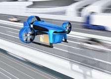 Металлический голубой VTOL трутень с поставкой упаковывает летание около автодорожного моста иллюстрация вектора Металлический голубой VTOL трутень с поставкой упаковывает летание около автодорожного моста иллюстрация вектора